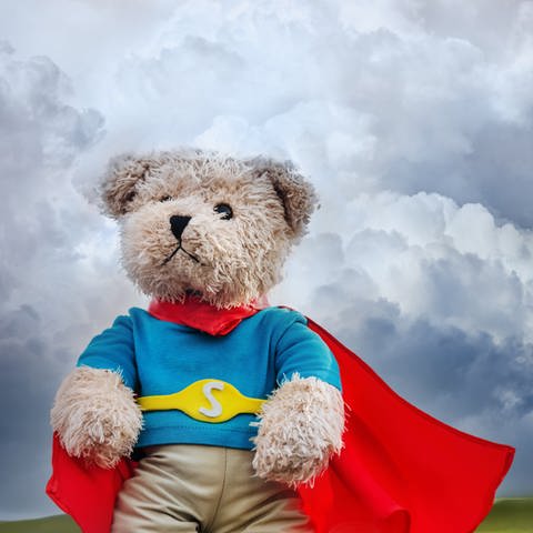 Bär mit Superhelden-Umhang vor Gewitterwolken (Foto: Getty Images, iStock)