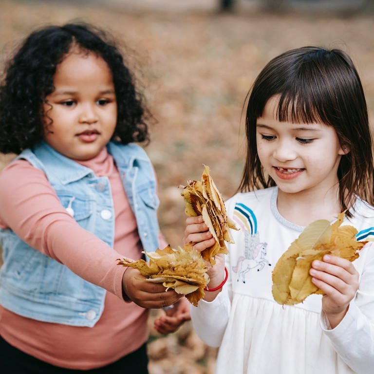 Kleine Mädchen mit Laubblättern (Foto: Pexels / Charles Parker)